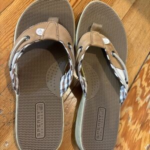 Sperry Top Sider Seafish Thong Flip Flops 7 Womens Tan Madras Plaid Slip On